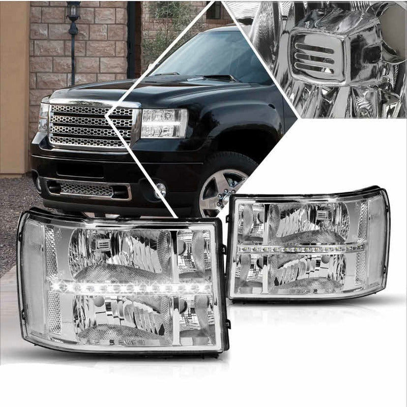 Chrome LED DRL Headlights for GMC Sierra 2007 to 2014