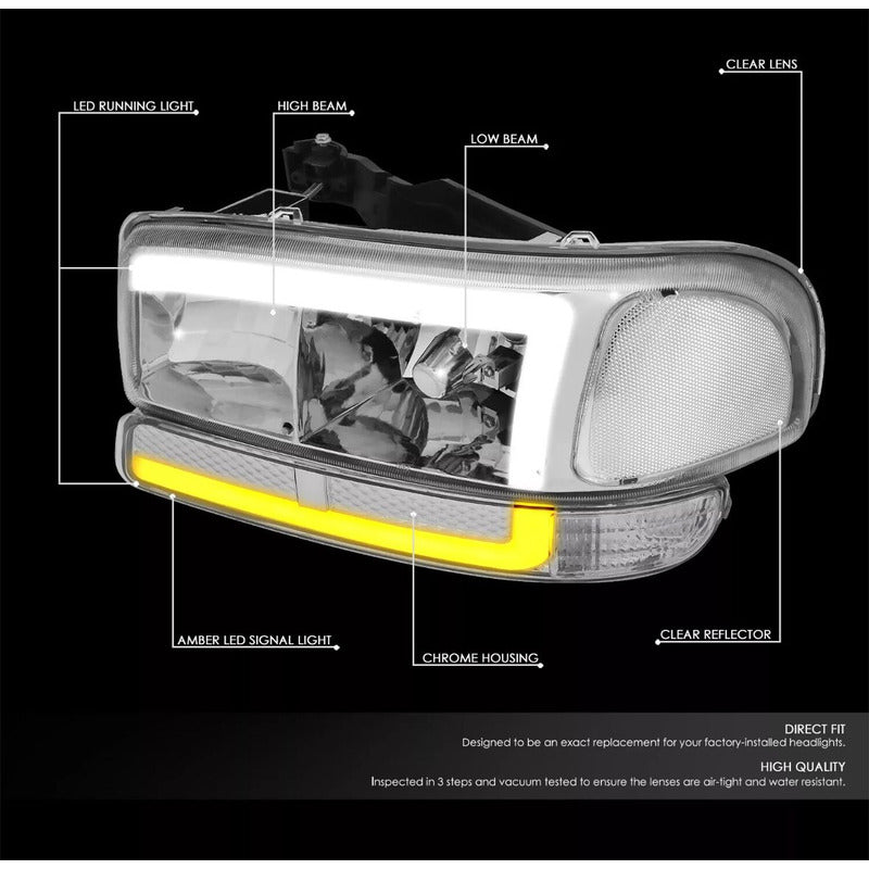 Chrome Headlights Led Drl Gmc Sierra 1999 2000 2001 To 2007 Pair