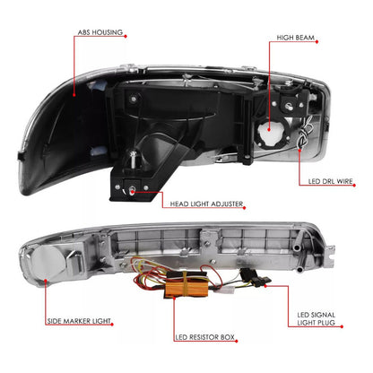 Chrome Headlights Led Drl Gmc Sierra 1999 2000 2001 To 2007 Pair